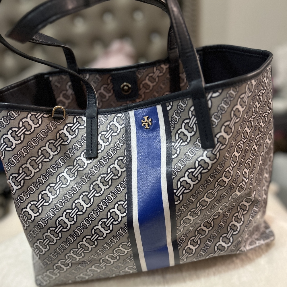 Tory Burch Geolink Tote, navy blue and gray